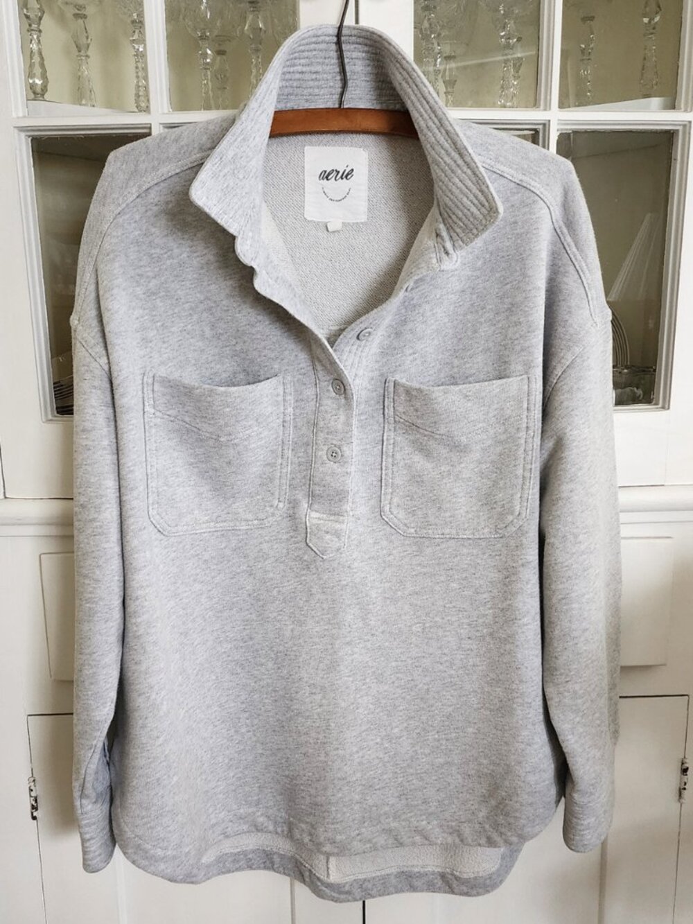 Aerie Popover Polo Sweatshirt, Heather Gray, Size Small